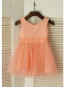 Peach Pink Sequin Tulle Knee Length Flower Girl Dress